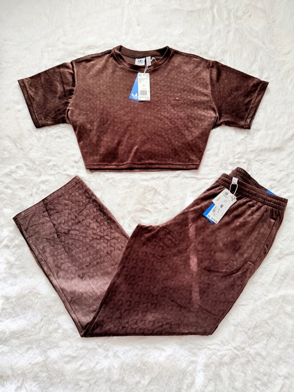 NWT Adidas Originals Velvet Embossed Monogram Crop Top & Matching Pants, XL